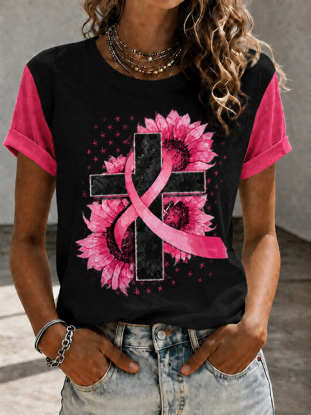 Women'S Faith Breast Cancer Publicity Print Short Sleeve T-Shirt