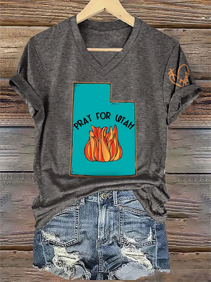 V-Neck Retro Pray For The Utah Wildfires Print T-Shirt
