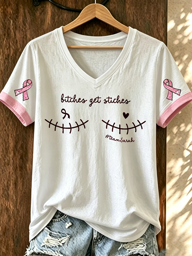 Women'S American Flag Pink Ribbon Embroidered Casual T-Shirt