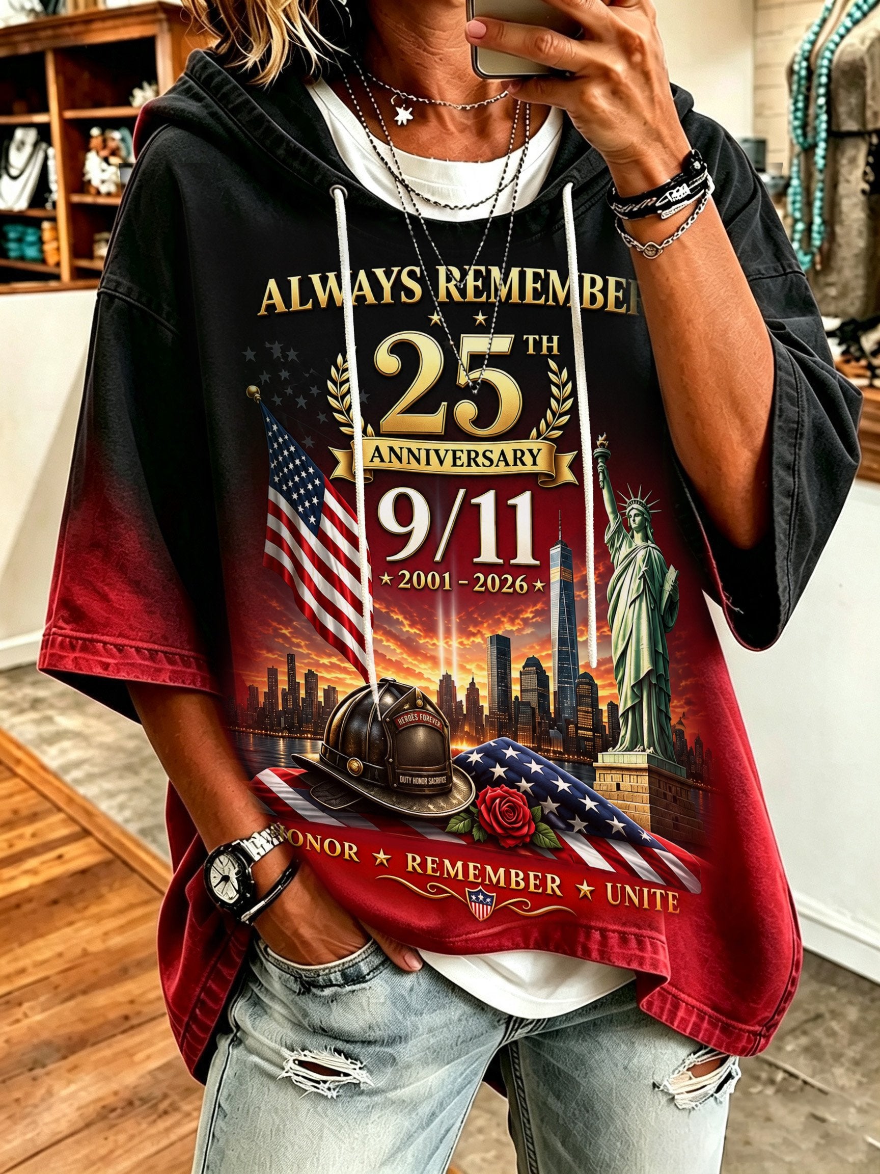 Women's 9/11 Memorial Casual Hoodie with Faux-Denim Print