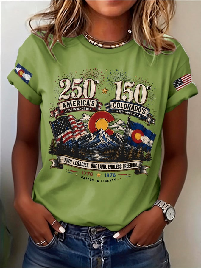 Retro 250Th America'S Independence Day 150Th Colorado'S Independence Day Two Legacies. One Land. Endless Freedom. 1776 1876 United In Liberty Print T-Shirt