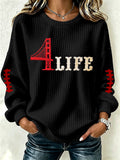 Women'S Football Print Waffle Long Sleeved Round Neck Sweatshirt