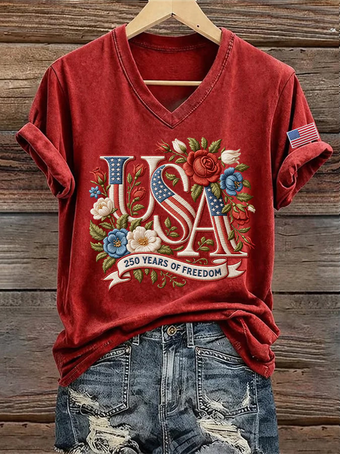 Women's 250 Years Of Freedom Print V Neck T-shirt