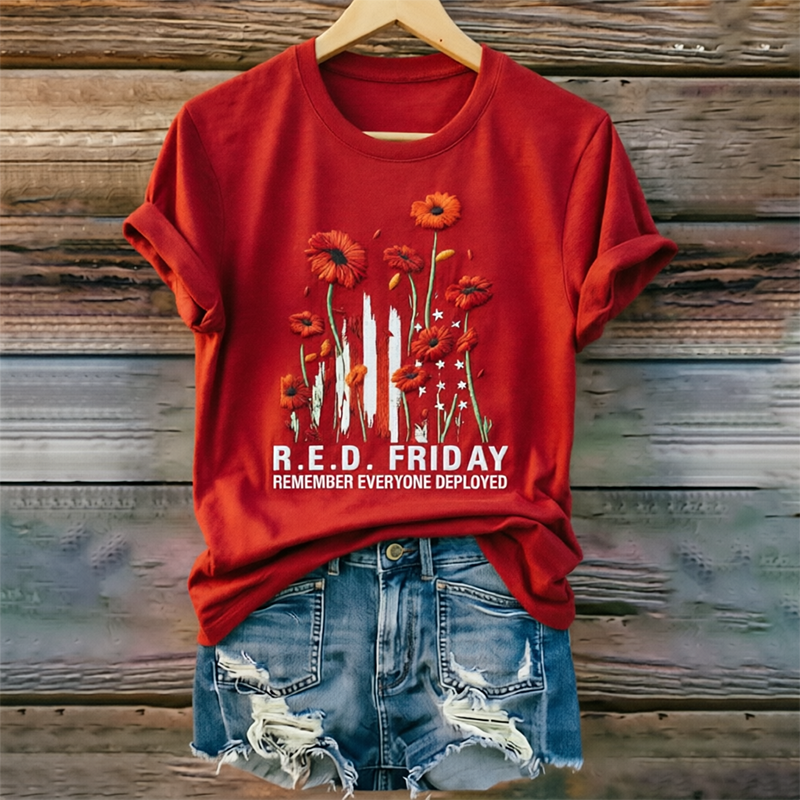 Women's "Red Friday" Poppy 3D Embroidered & Printed Crew-Neck T-Shirt
