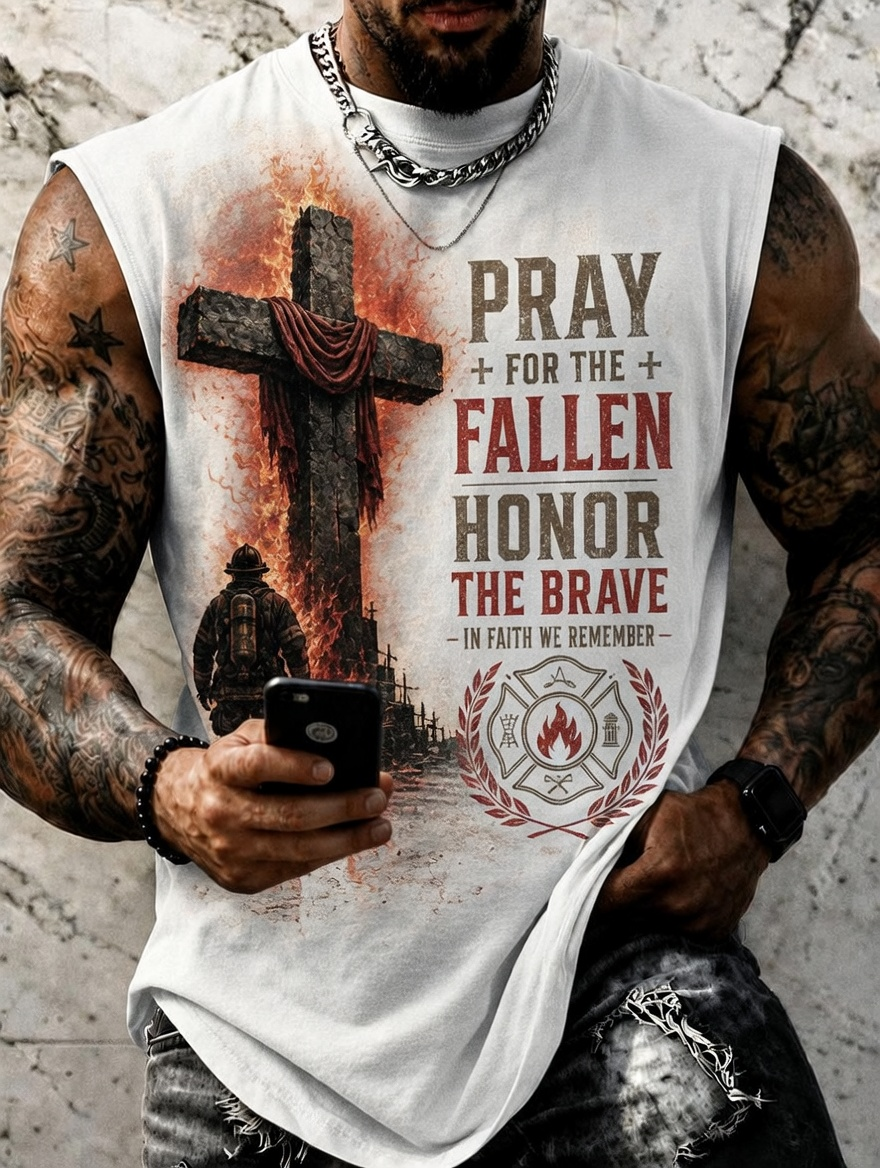 Men's Fire Cross Firefighter Honor The Brave Print Tank Top