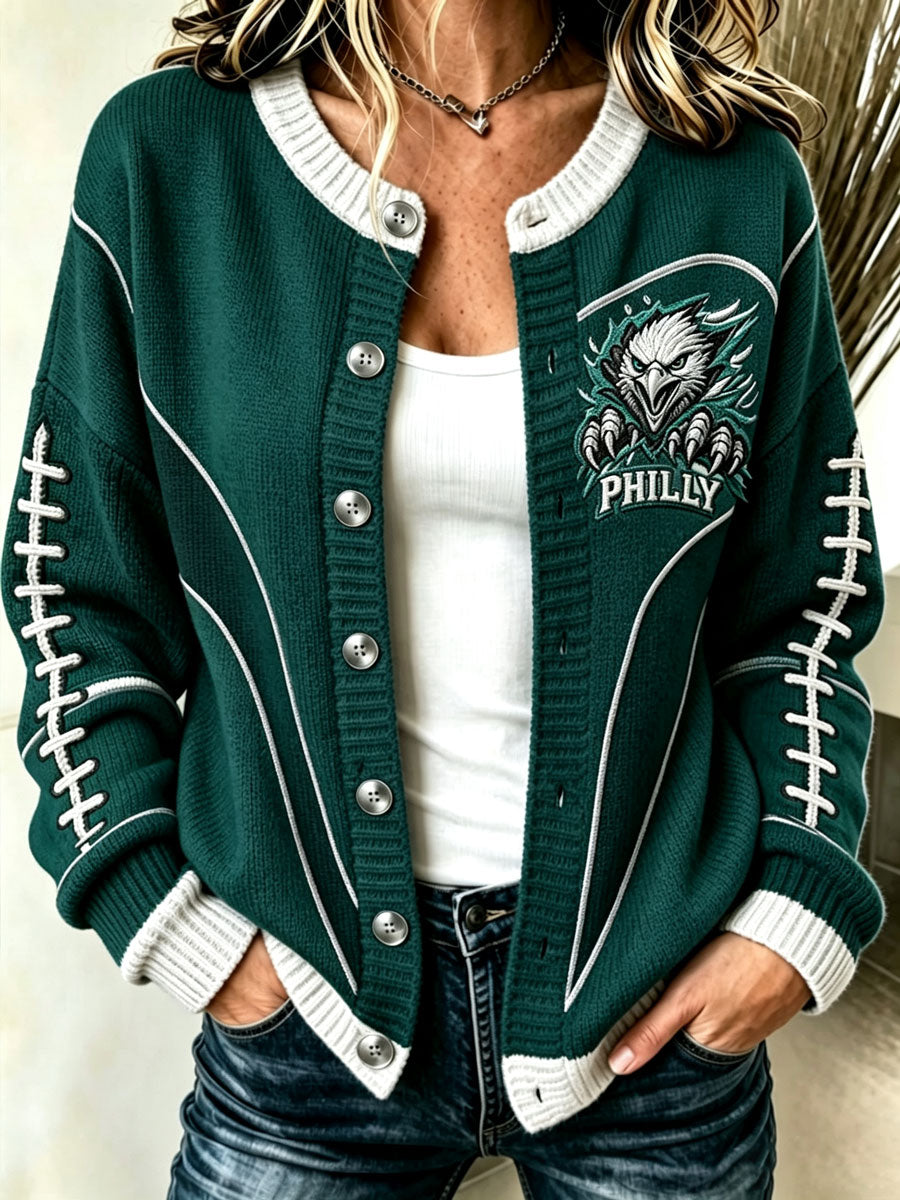 Women'S Football Printed Knitted Cardigan