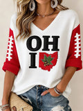 Women'S Football Print Waffle V-Neck Top