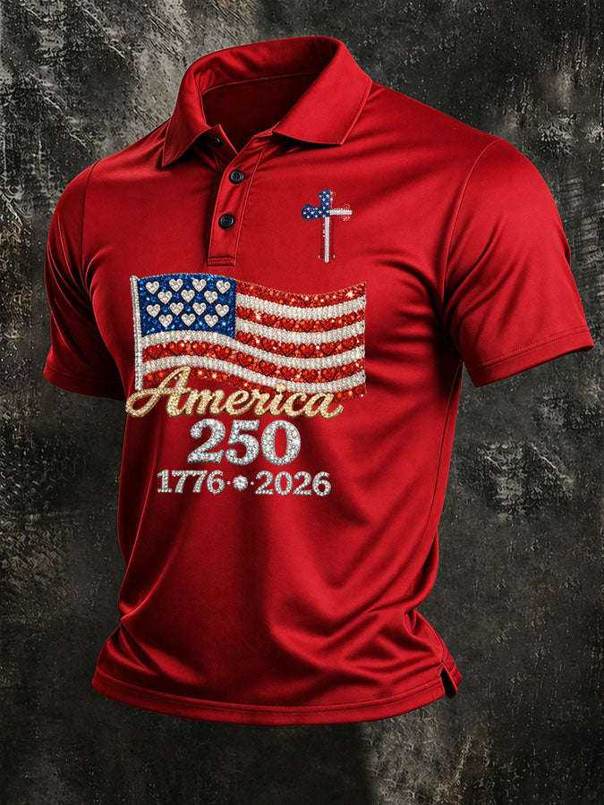 Men'S America Flag Print Casual Polo Shirt