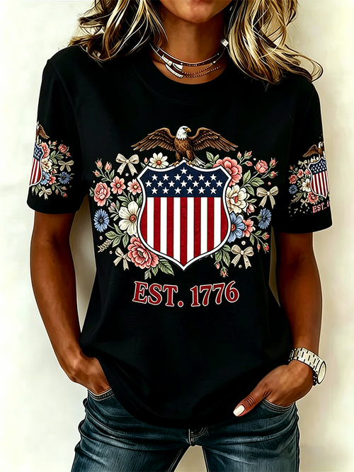 Ladies' Casual 250Th Anniversary Celebration Of The Founding Of The United States, Personalized Floral Print Round Neck T-Shirt
