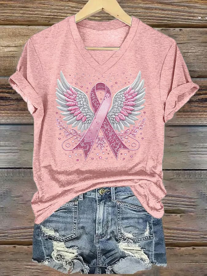 Women'S Casual Pink Ribbon Wings T-Shirt