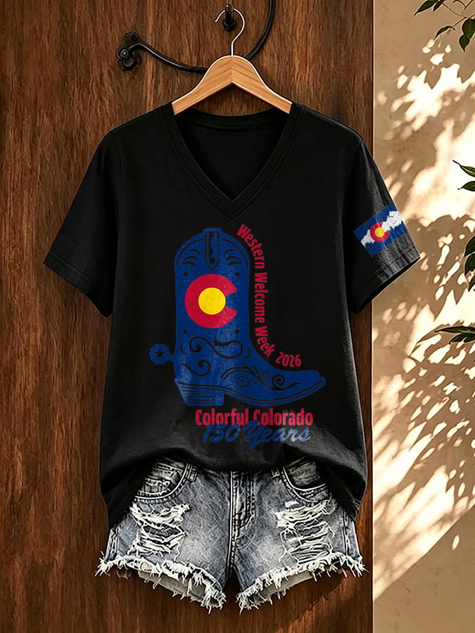 V-Neck Retro Western Welcome Week 2026 Colorful Colorado 150 Years Print T-Shirt