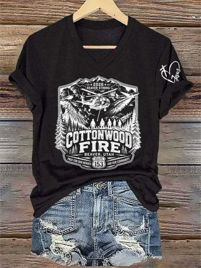 V-Neck Retro 2026 Beaver Strong Cottonwood Fire, Beaver, Utah - Pray For Our Heroes And Our Community Route 153 Print T-Shirt