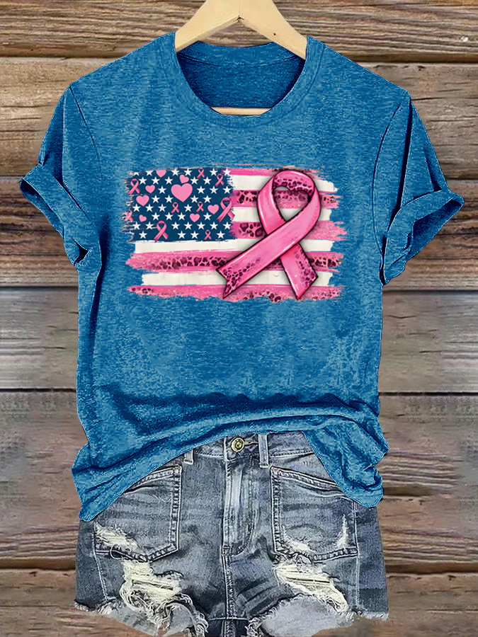 Women's breast cancer US flag T-shirt