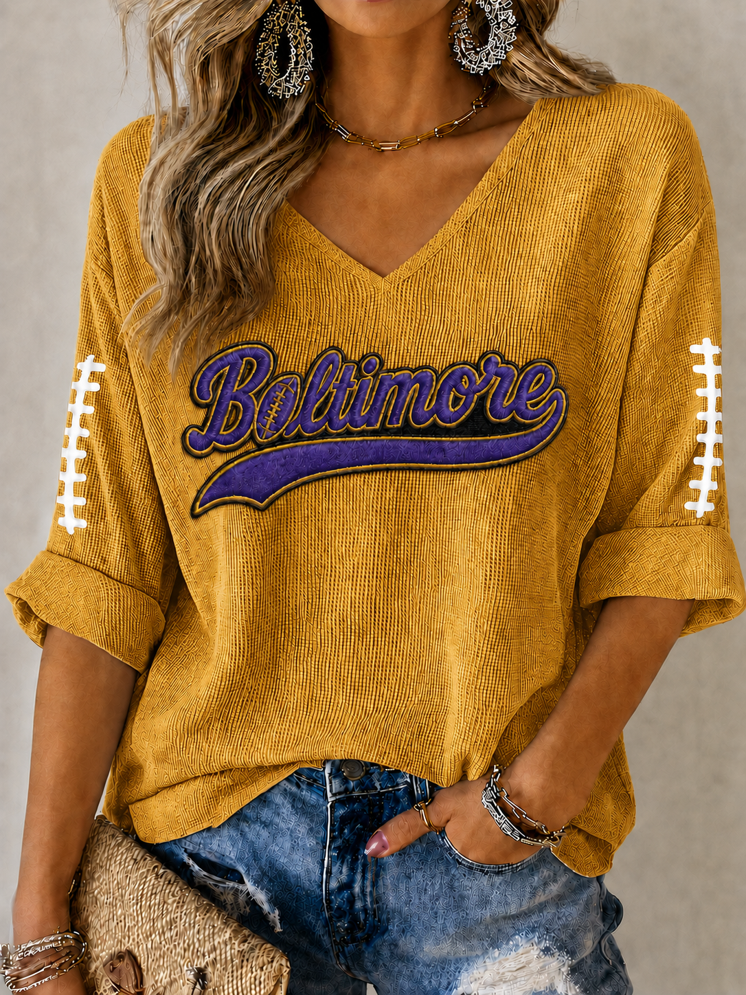 Women'S Football Print Waffle  Top