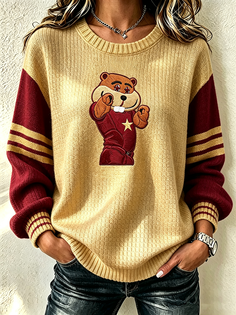 Women'S Football Fan Waffle Long Sleeved Round Neck Sweatshirt