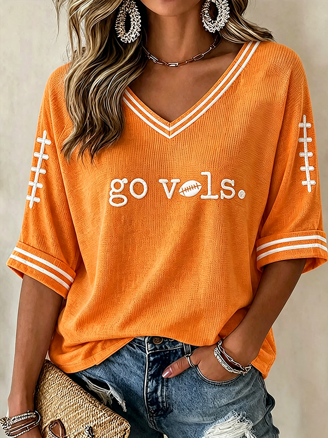 Women'S Football Print Waffle V-Neck Top