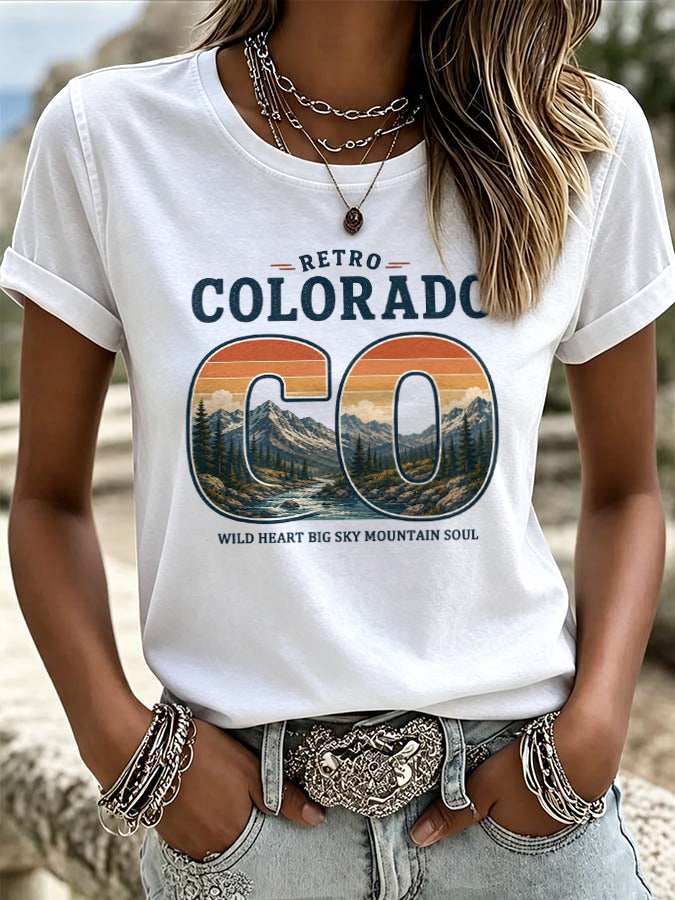 Women'S Casual COLORADO STRONG Mountain Fire Printed Round Neck Casual Short Sleeved T-Shirt