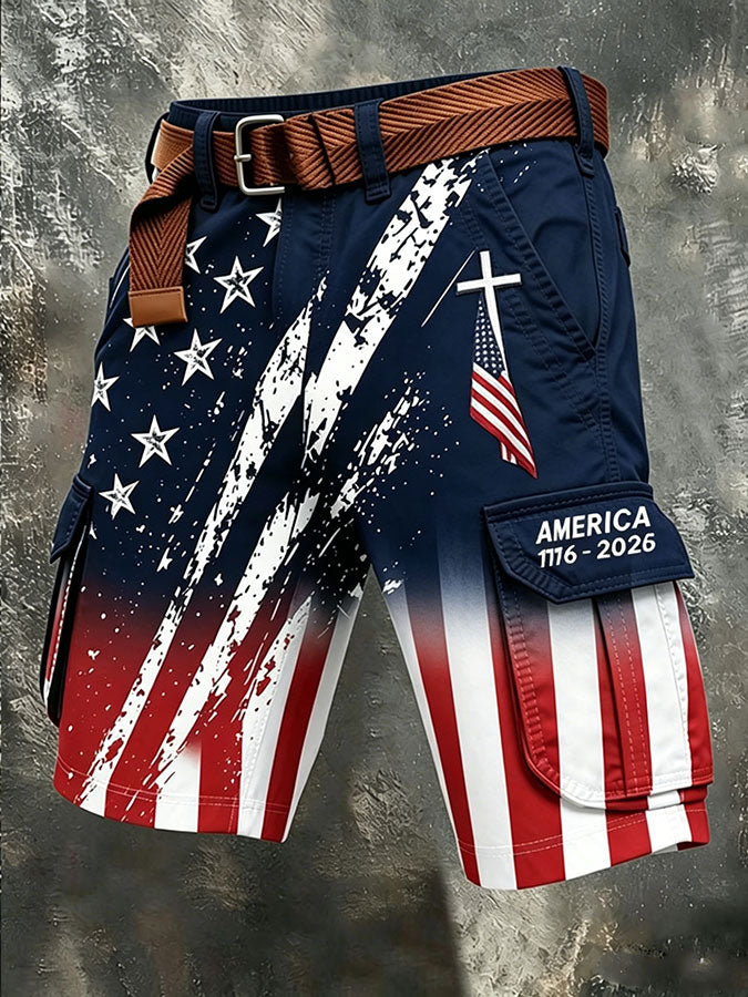 Men's Independence Day USA Flag Print Denim-Like Cargo Shorts