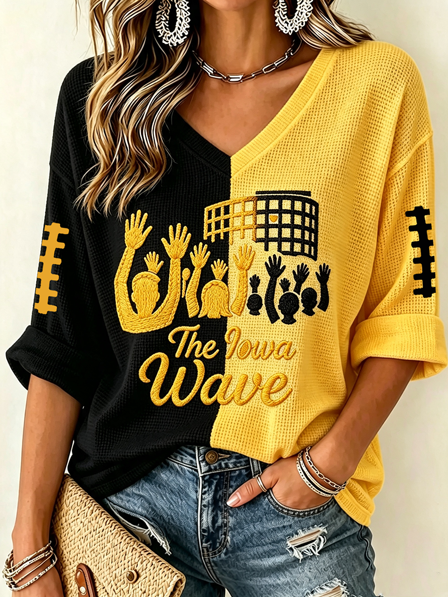 Women'S Rugby Patterned Waffle V-Neck Top