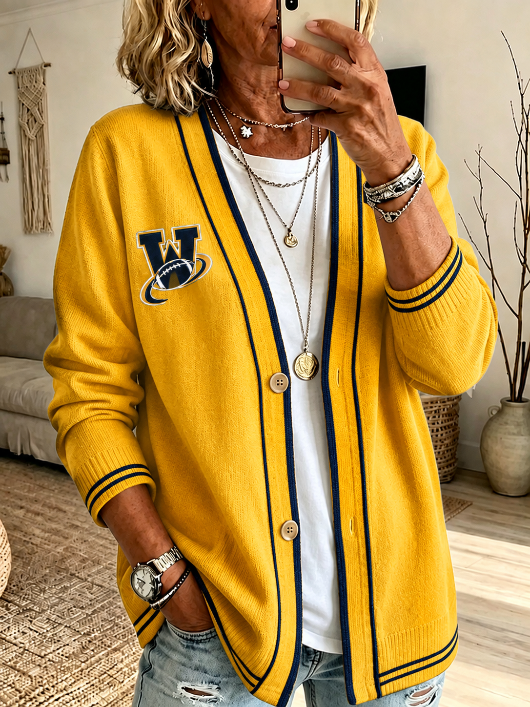 Women'S Football Print Cardigan