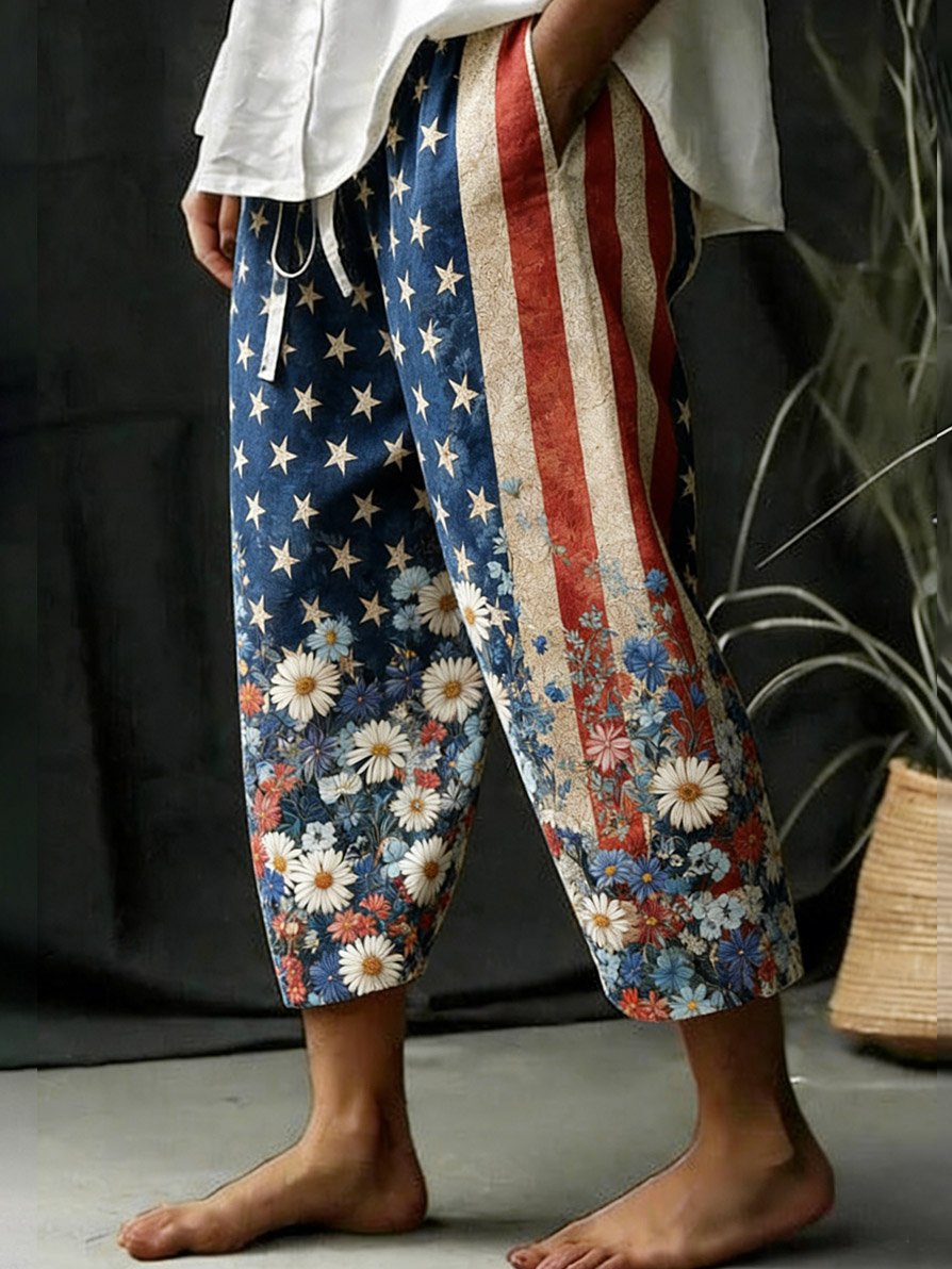 Women's Retro Artistic American Flag Cotton-Linen Cropped Pants