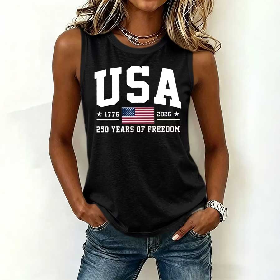 Women's Retro Flag Print Crew Neck Tank Top