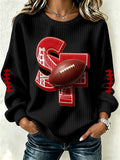 Women'S Football Print Waffle Long Sleeved Round Neck Sweatshirt