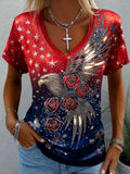 Women's Retro Butterfly Floral Patriot Commemorative Short-Sleeve T-Shirt