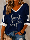 Women'S Football Printed Mid Sleeve V-Neck T-Shirt