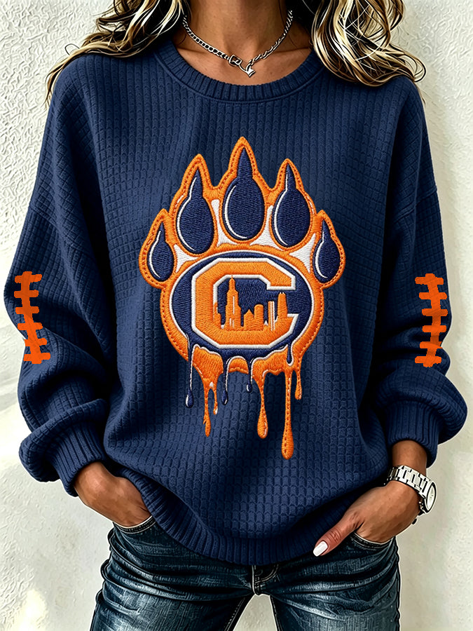 Women'S Football Print Waffle Long Sleeved Round Neck Sweatshirt