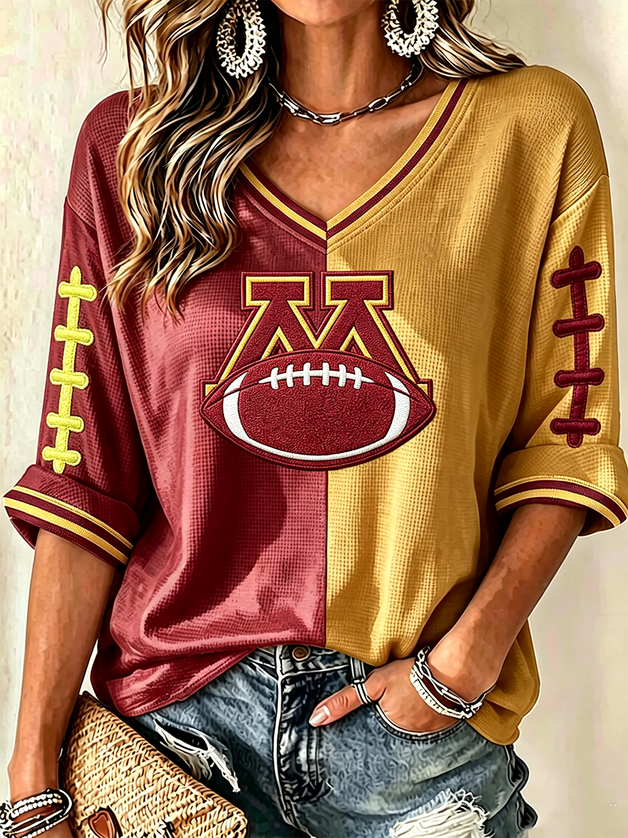 Women'S Football Print Waffle V-Neck Top