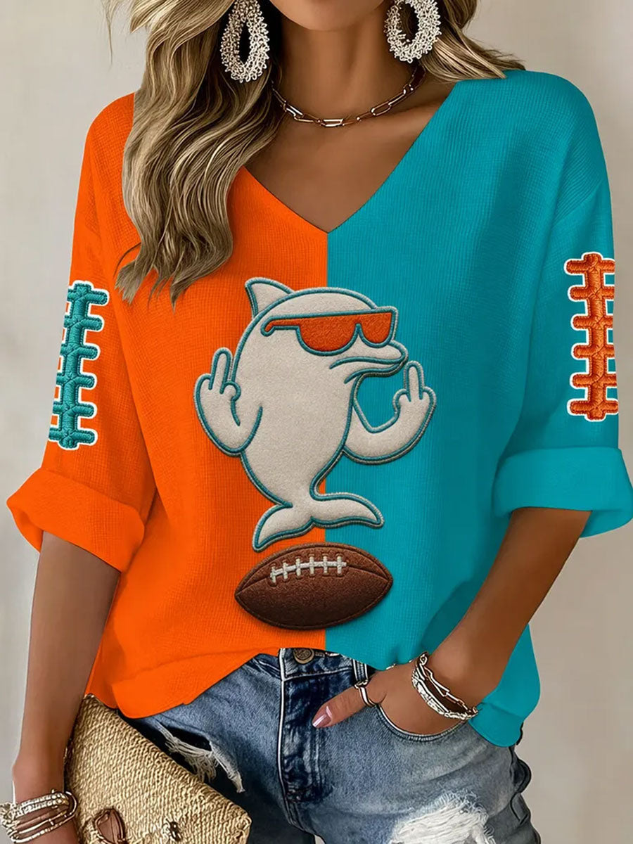 Women'S Rugby Patterned Waffle V-Neck Top