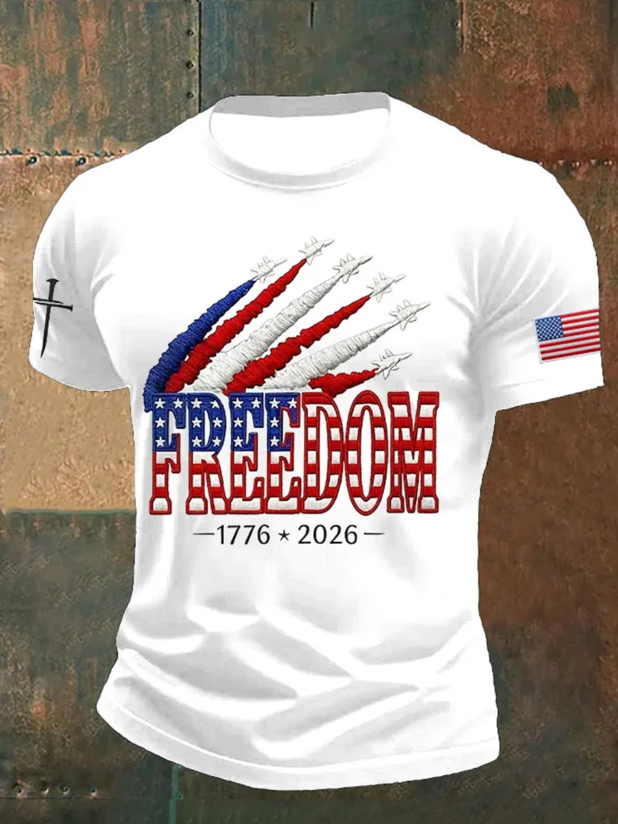 Men's Retro Freedom American Flag Cross Print Round Neck T-Shirt