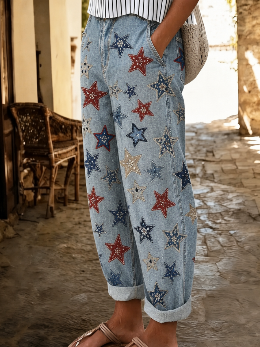 Women's 250th Anniversary Print Faux-Denim Casual Pants