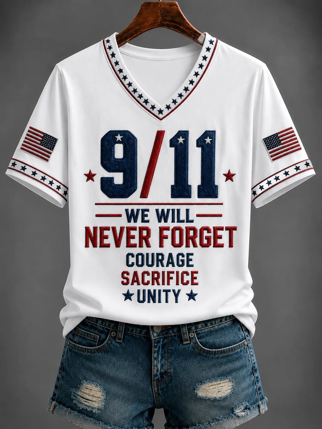 Women's "Never Forget 9/11" Pattern Comfortable V-Neck Retro T-Shirt