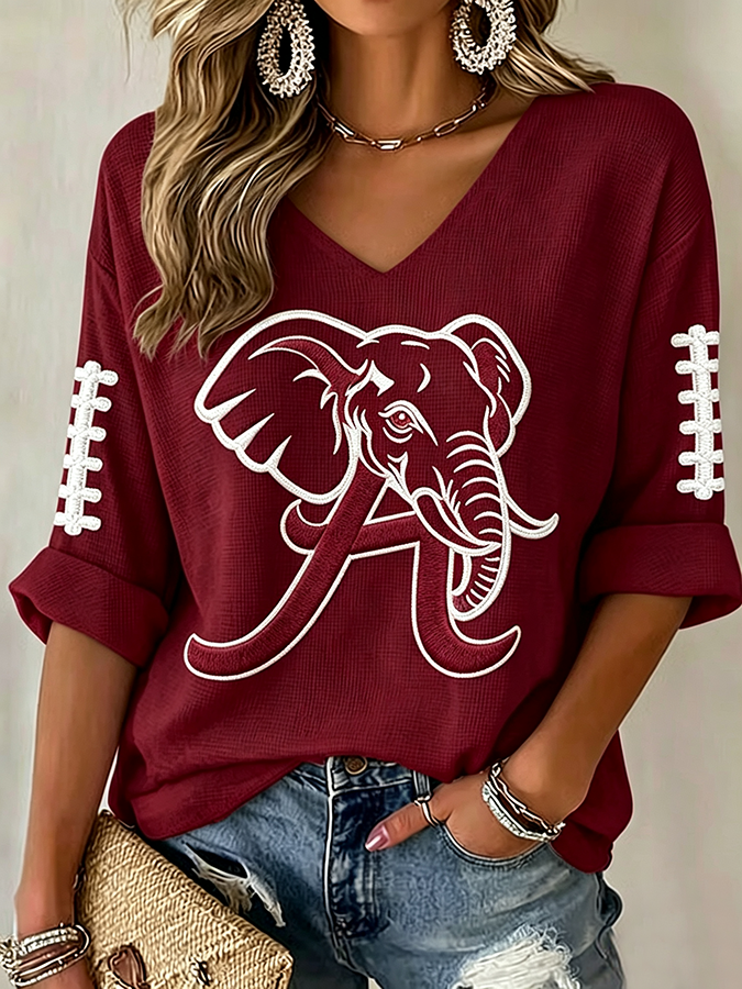 Women'S Rugby Patterned Waffle V-Neck Top