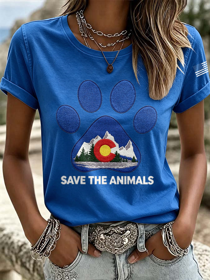 Women'S Retro Save The Animals Print T-Shirt