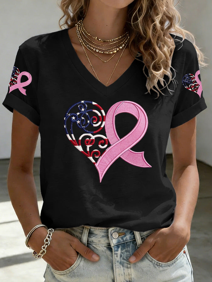 Women's American Flag Pink Ribbon Embroidered Casual T-shirt