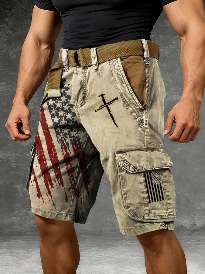 Men's Retro Vacation Business Art American th Print Casual Shorts
