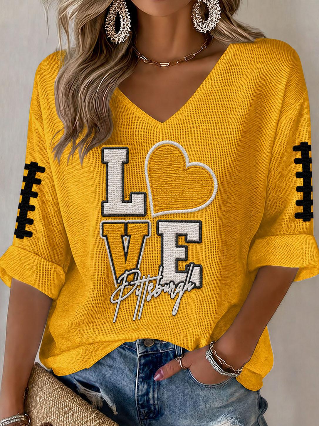 Women'S Football Print Waffle Top