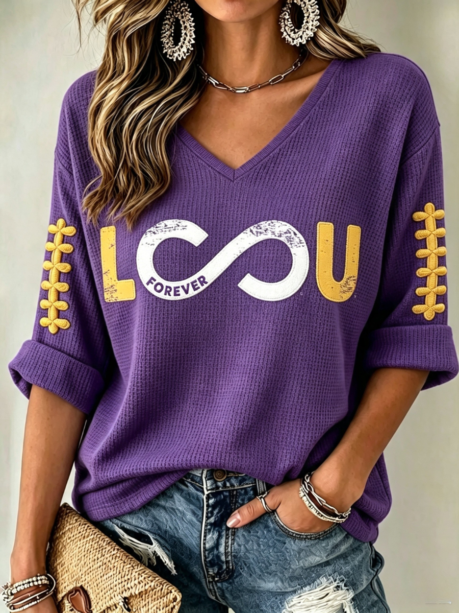 Women'S Rugby Patterned Waffle V-Neck Top
