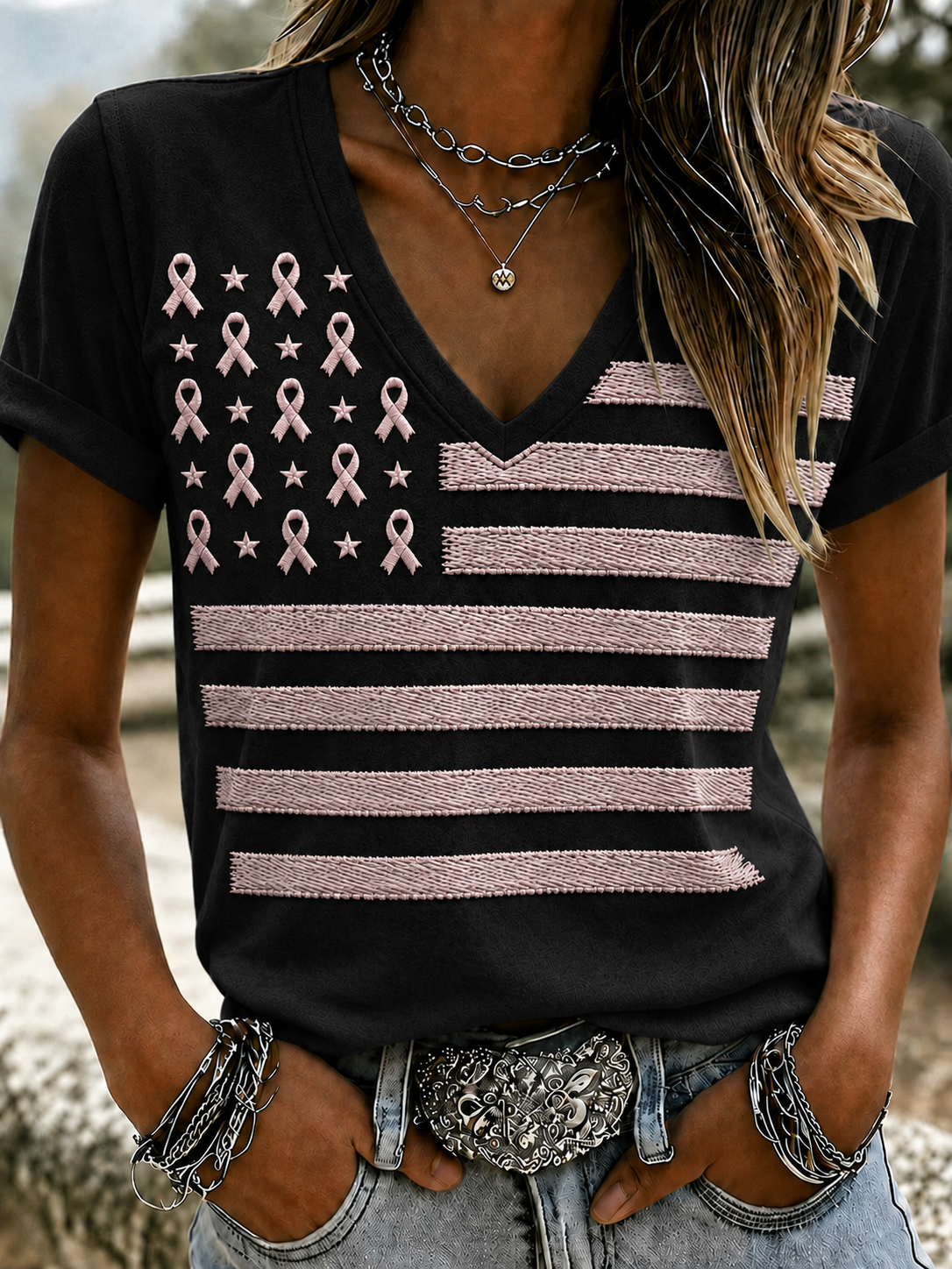 Women'S Flag Breast Cancer Awareness Print Short Sleeve T-Shirt