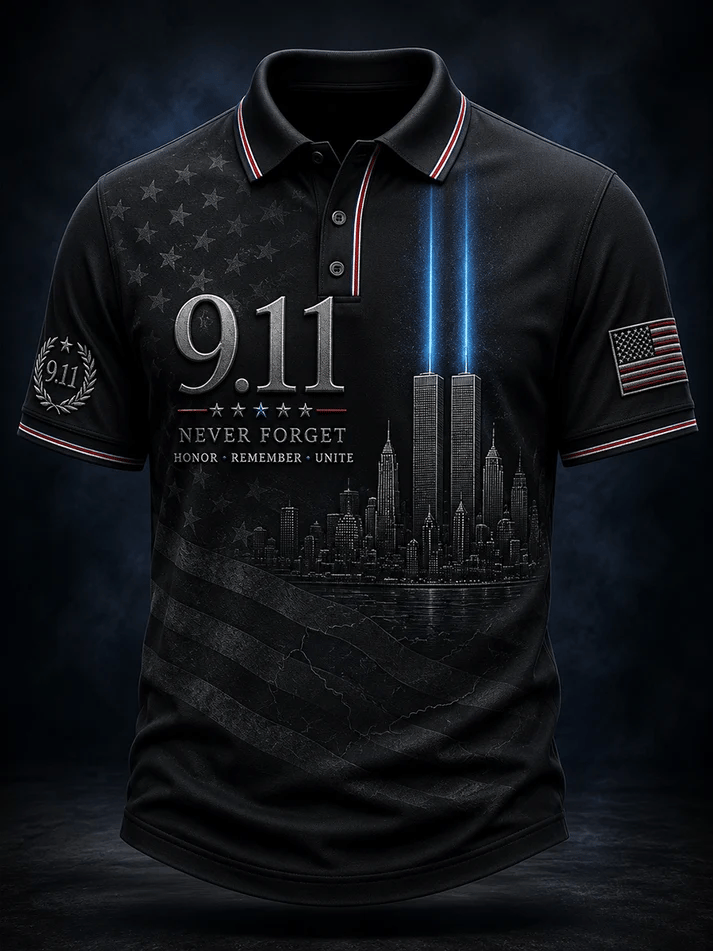 Men's Retro 9.11 Never Forget Print Polo Shirt