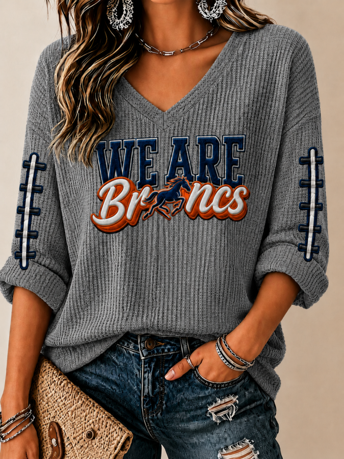 Women'S Rugby Patterned Waffle V-Neck Top
