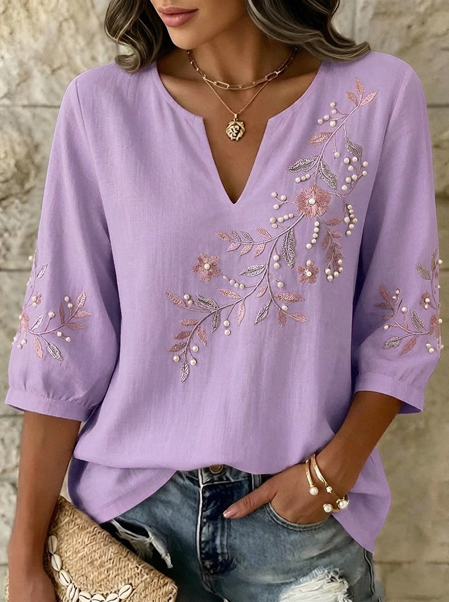Women's Breast Cancer Awareness Floral Pearl Embroidered Printed Top