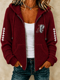 Women'S  Football  Printed Knitted Textured Zipper Hood