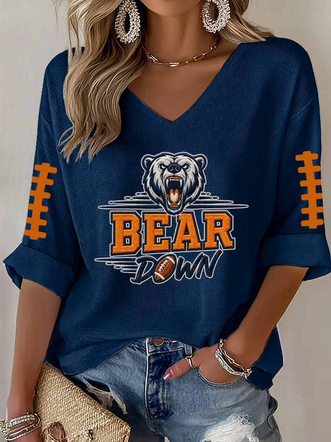 Women'S Rugby Printed Waffle Long Sleeve T-Shirt