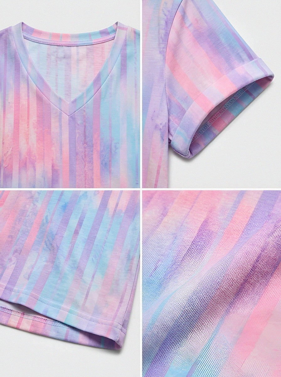 Women's Breast Cancer Awareness Striped Watercolor Printed V-Neck T-shirt