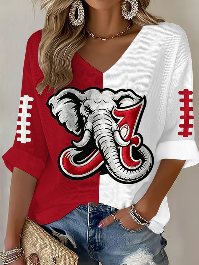Women'S Rugby Patterned Waffle V-Neck Top