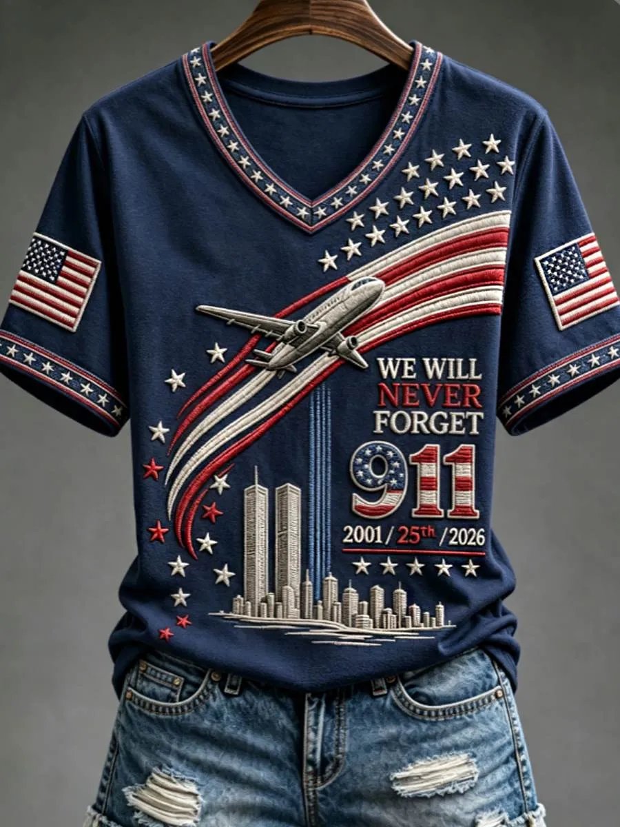 Women's "Never Forget 9/11" Pattern Comfortable V-Neck Retro T-Shirt